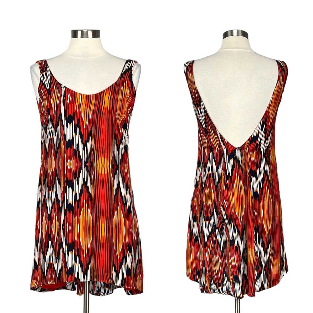 Olivaceous Womens Sleeveless Scoop Back Tunic Mini Dress Orange Silk Ikat size M